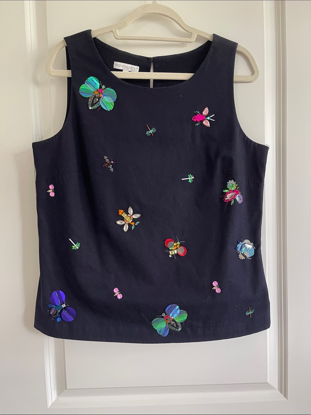 Talbots Black Sleeveless Shell Top with Multicolor Sequin Embellishments